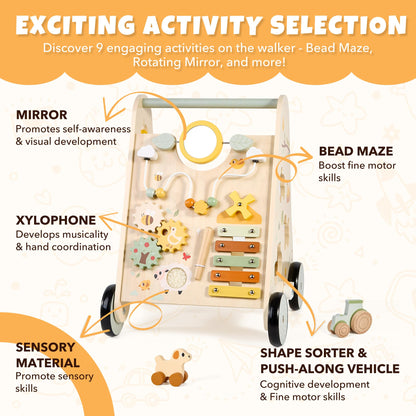 Pithfor Wooden Baby Push Walker, Baby Walker with Activity Center for Girls Boys, Montessori Sensory Push Toys for Babies Learning to Walk & Sit-to-Stand