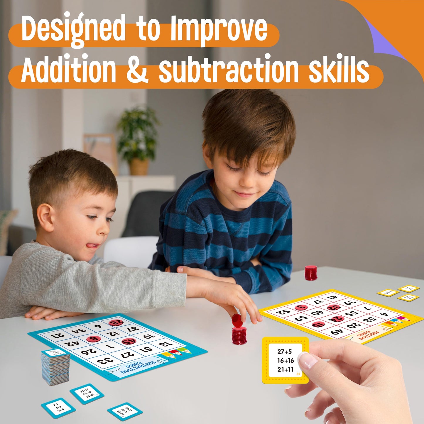 SpriteGru Addition & Subtraction Bingo Game, 360 Math Problems, 2 Educational Math Board Game for Kindergarten and Preschool Kids 4-8, Perfect for Classroom & At Home