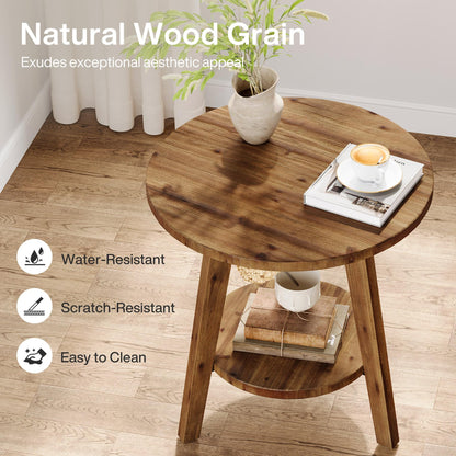 TRIBEWOOD Solid Wood Round End Table, Sofa Side Table with Storage Shelf, Farmhouse Nightstand for Living Room, Bedroom, Easy Assembly (1)