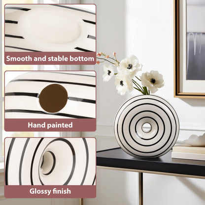 Konstéra Ceramic Large Donut Vase Hand-Painted Glossy Finish, Unique Modern Home Accent, Flower Holder, Stylish Decor for Living Room, Coffee Table, Mid-Century Modern