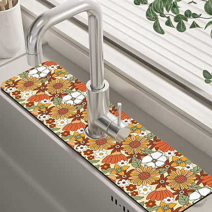 70s Retro Orange Floral Kitchen Sink Splash Guard Mat Absorbent Fast Drying Mat