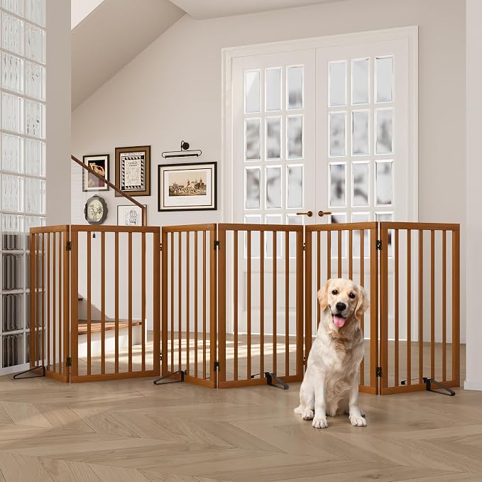 Freestanding Extra Wide Dog Gate Indoor, 6-Panel Wooden Pet Gate with 2 Metal Stands and 360°Hinge, Tall Dog Gates for Doorways, Stairs, Doorways, Kitchen, Foldable Safety Fence, 110"W x 32"H - Walnut