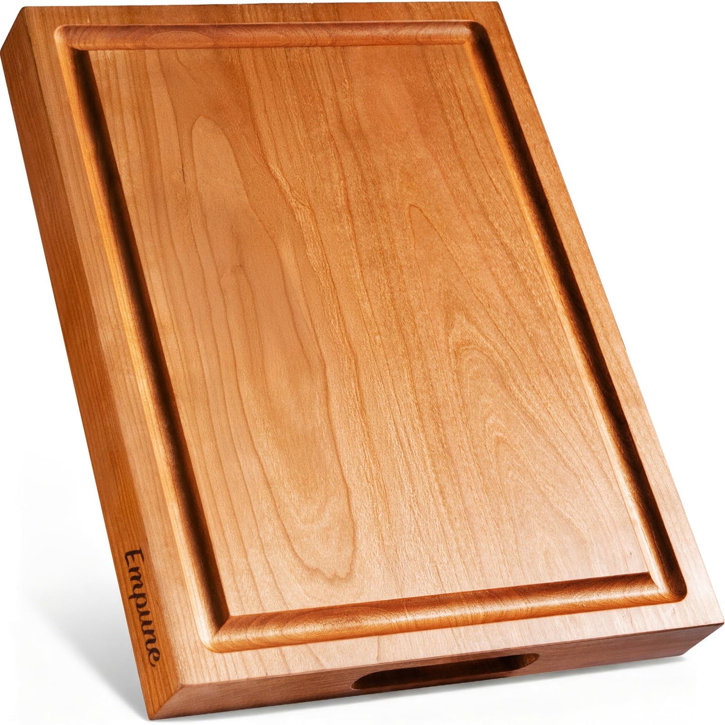 Empune Cherry Wood Cutting Boards for Kitchen Wooden Cutting Board with Handle, Chopping Board with Built-in Juice Groove & Well, Heavy-duty Charcuterie Board Butcher Block, 16.5x11.8x1.4 Inches
