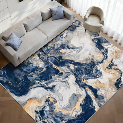 Yinhua Marble Rug 5x7, Blue and Gold Washable Rug Non Slip, Soft Faux Wool Modern Rugs Non Shedding, Low Pile Abstract Area Rugs Non Skid, Stain Resistant Floor Carpet for Living Room Bedroom Office