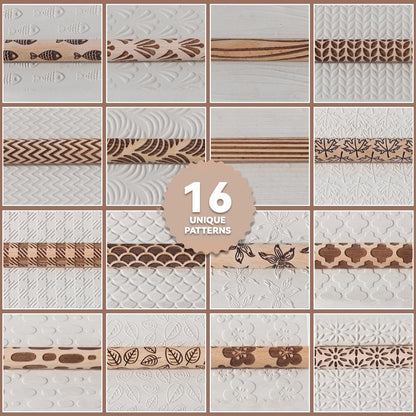 Conderyang 16Pcs Wooden Clay Texture Roller Set Clay Modeling Pattern Rollers Wooden Texture Rollers Wood Pottery Tools Pottery Tool Set for Artists Art Creation Ceramic DIY, 4In x 0.6In（Style 1)