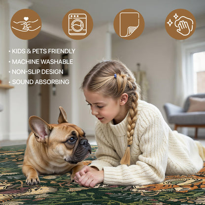 Bavni Tiger 2x6 Washable Runner Rug Non Slip, Boho Vintage Oriental Hallway Runner, Low Pile Soft Green Carpet Stain Resistant, Botanical Animal Kitchen Runner Rugs for Entryway Bedroom Laundry