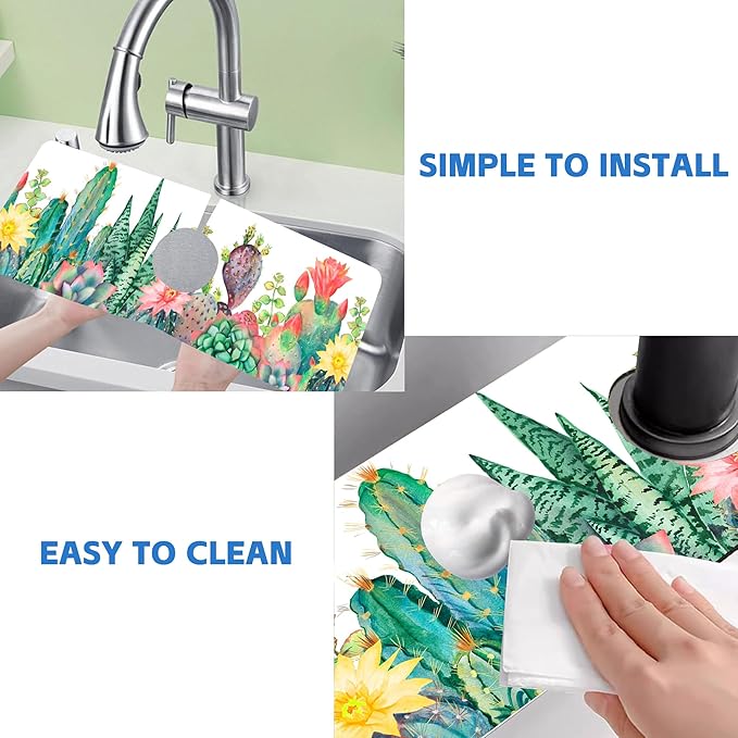 Watercolor Cactus Floral Sink Faucet Absorbing Mat Sink Splash Guard Faucet Mat