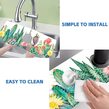 Watercolor Cactus Floral Sink Faucet Absorbing Mat Sink Splash Guard Faucet Mat