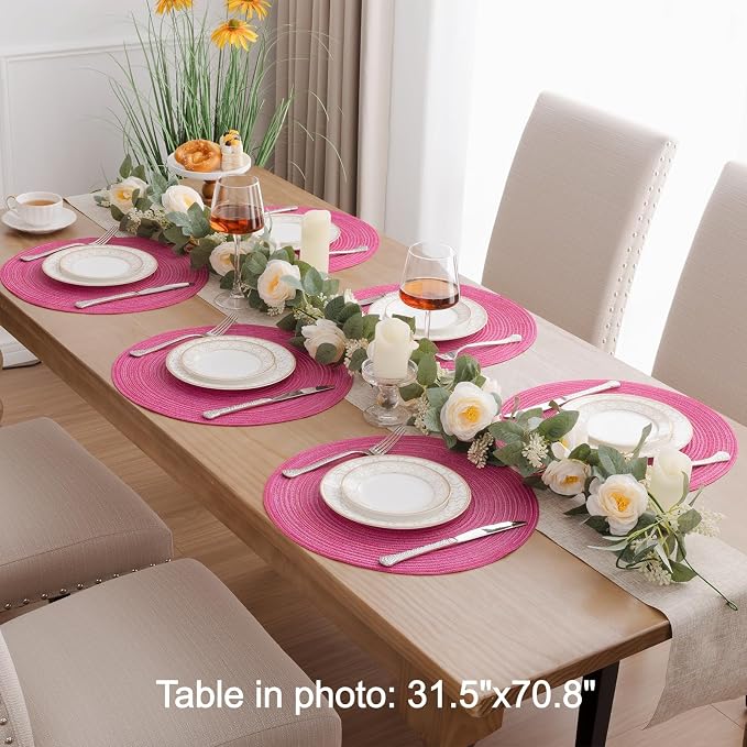 SHACOS Round Placemats Set of 8 Braided Cotton Polyester Table Placemat 15 inch Circle Place Mats for Kitchen Dining Table Holiday Party (Hot Pink, 8)