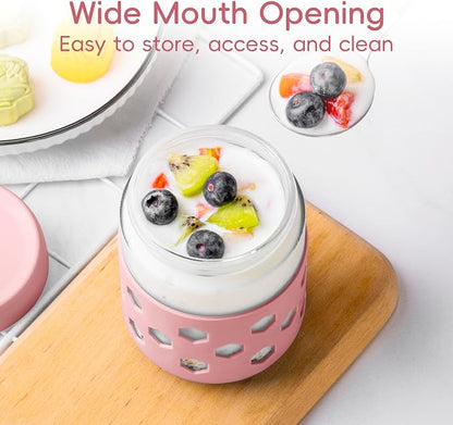 MICEBAY 16oz Overnight Oats Containers with Silicone Sleeves, 4-Pack Wide Mouth Glass Mason Salad Jars with Airtight Lids, BPA-Free Dishwasher Safe Leak-Proof Chia Seed Pudding Jar Meal Prep Container