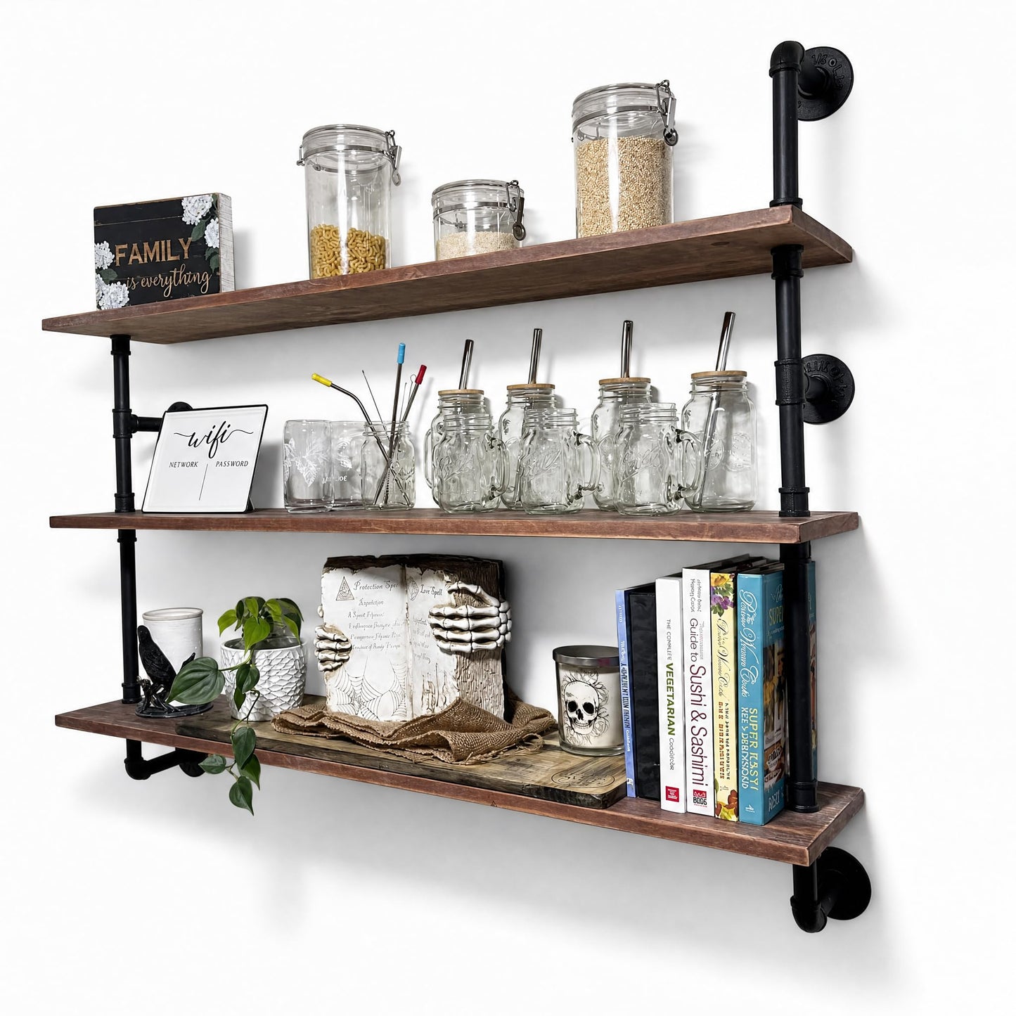 HDDFER Floating Shelves,Wall Mounted Rustic Wood Shelf,Pipe Shelves,Industrial Pipe Shelving with Real Wood Planks 48 inch Industrial Wall Shelves Hanging Bookshelf Farmhouse Kitchen Bar Shelving