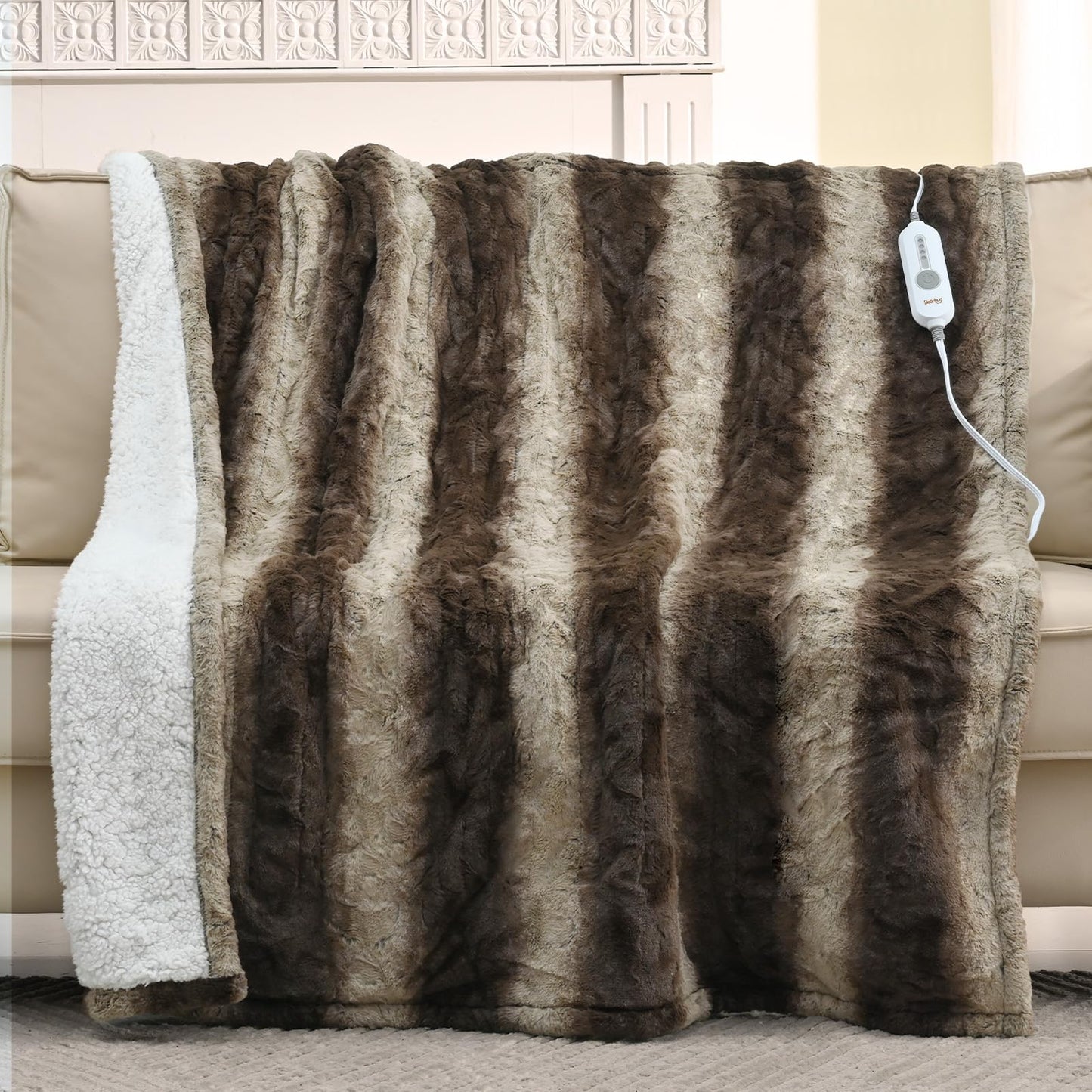 Bearhug Electric Blanket King Size 100" x 90", Dual Controller Heated Blanket, White Flower Patterns Faux Fur & Warm Sherpa, 10-Heat Levels & 1-12H Auto Off,ETL, Machine Washable
