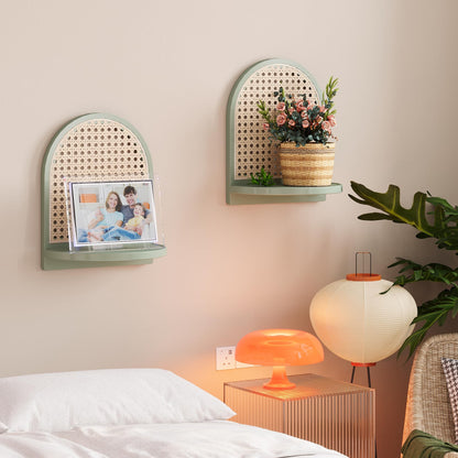 MVPSONAG Rattan Shelf Set of 2, 7'' Rattan Shelf with Wicker Decor, Boho Wall Decor Small Floating Shelf for Plant Figurines Display, Mini Shelves for Knick Knack Storage, Green