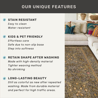 Washable Runner Rug Non Slip 2x6, Gold Brown Runner Rug for Kitchen, Bathroom, Entryway, Hallway, Laundry Room, Bedroom Bedside, Vintage Floral Stain Resistant Soft Low Pile Carpet