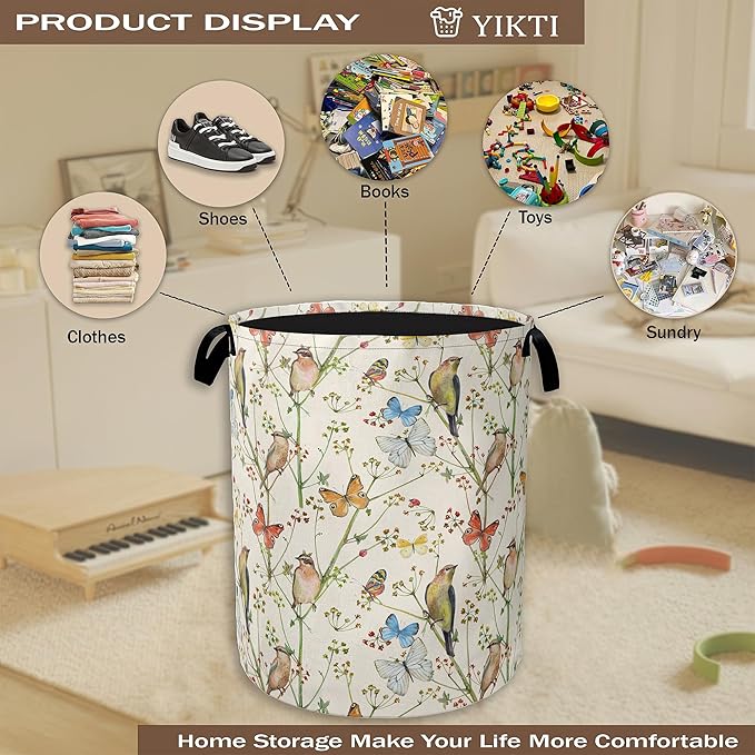 Laundry Hamper, Watercolor Bird Laundry Basket, Spring Flower Butterfly