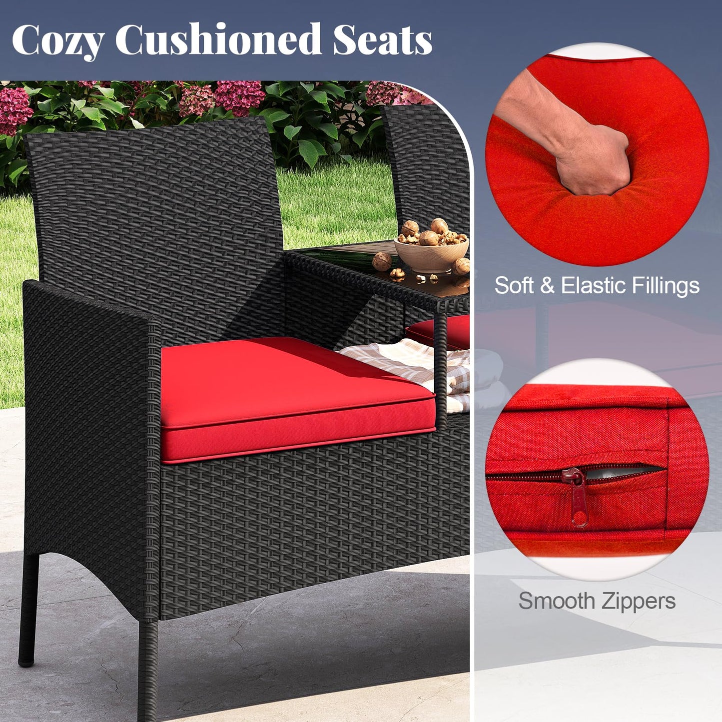Tangkula Patio Loveseat with Built-in Table, Wicker 2-Seat Furniture with Soft Cushions & Tempered Glass Tabletop, Metal Frame Outdoor Conversation Seating Bench for Backyard, Porch
