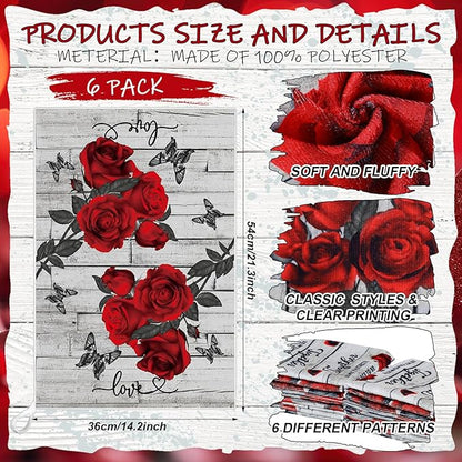 Breling Set of 6 Valentine's Day Red Rose Kitchen Towels Vintage Flowers Dish
