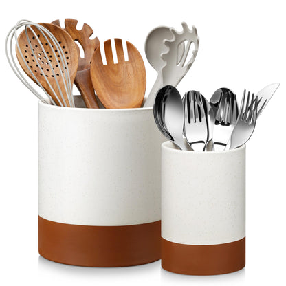 MALACASA Utensil Holder, 7.3"+5.5" Ceramic Kitchen Utensil Holder for Countertop, Large Cooking Utensil Crocks for Kitchen Counter, Farmhouse Utensils Organizer, Set of 2, Khaki White, Series TARA