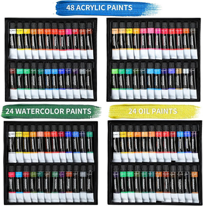 196Pcs Deluxe Artist Painting Set with French Easel, 48 Colors Acrylic & Oil Paints, 24 Colors Watercolor Paints, Art Paint Supplies for Artists, Beginner & Adults
