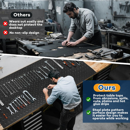 48" x 17" Work Bench Pad PVC Workbench Mat with Non-Slip Steel Plate Texture, 1.5mm Thick Scratch & Stain Resistant Surface for Woodworking, Crafting, DIY Projects and Tool Protection