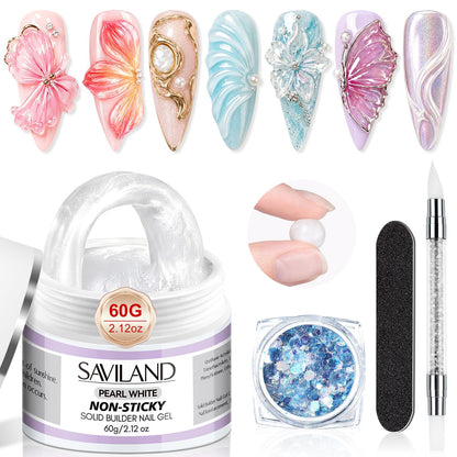 SAVILAND Non-Sticky Solid Builder Nail Gel Kit: HEMA-Free Sculpting Gels for Nail Art with Sequins Sculpture Pen for 3D Gel Nails Art Carving Extension Overlays Starters DIY Home Satin White 2.02oz