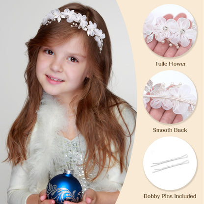 Oriamour Tulle Flower Headband, Flower Girl Headpiece, Pearl Silver, Wedding Hair Accessories, Tiara for Birthday, Party, First Communion