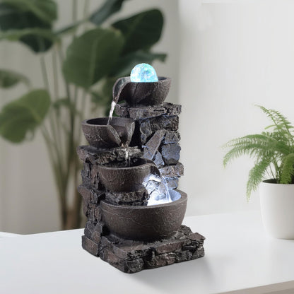MSEONWXI Indoor Tabletop Fountain with 4-Tier Stone Bowls, Rolling Crystal Ball & LED Lights – Tranquil Waterfall Decor for Home, Office or Zen Space (23066)