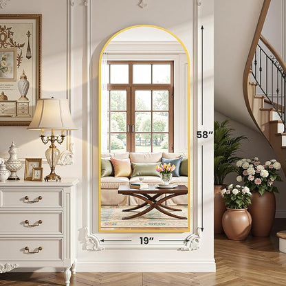 OLIXIS Arched Full Length Mirror for Bedroom, 58"x19" Full Body Mirror with Stand, Hanging or Leaning for Wall, Aluminum Alloy Thin Frame Floor Standing for Living Room, Long, Gold