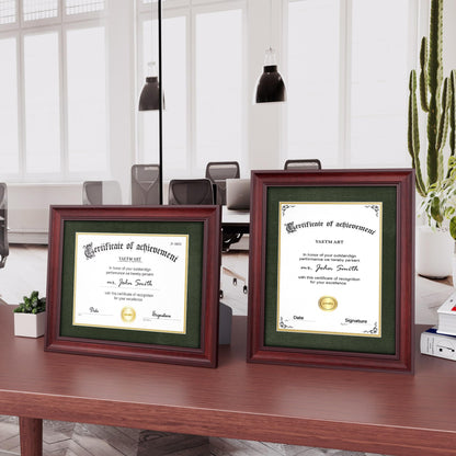 Yaetm 11x14 Diploma Frame, Certificate Frame with Tempered Glass, Display 8.5x11 Document with Dark Green Over Gold Acid-free Mat or 11 x 14 without Mat, Wide Molding (Single, Mahogany/Green)