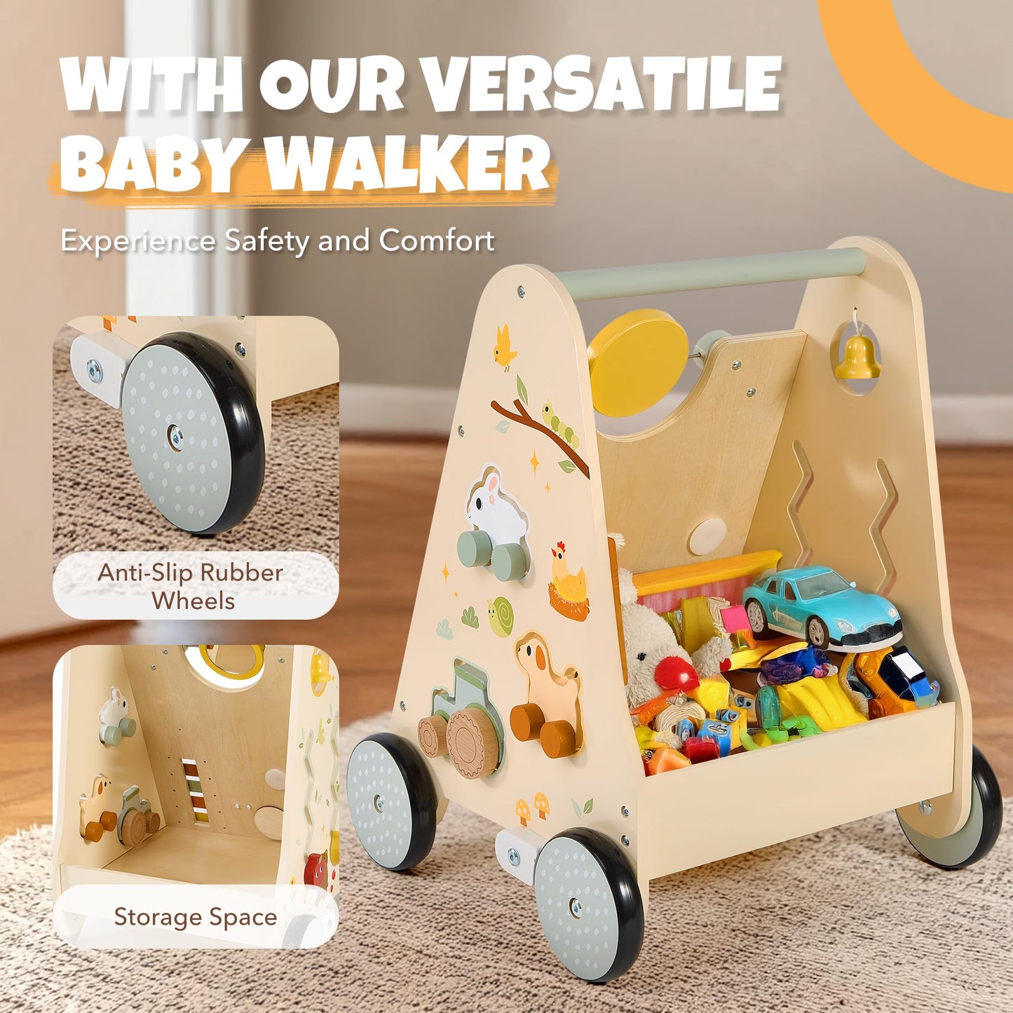 Pithfor Wooden Baby Push Walker, Baby Walker with Activity Center for Girls Boys, Montessori Sensory Push Toys for Babies Learning to Walk & Sit-to-Stand