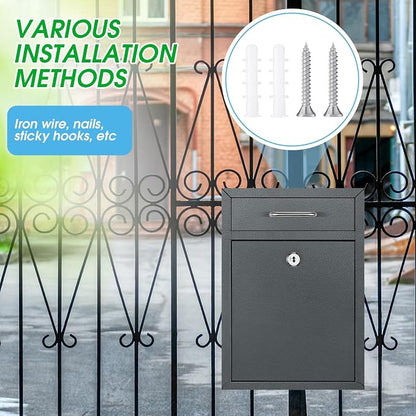 Yaocom Locking Mailbox with Key for Outdoor 12.2 x 8.5 x 3 Inches Large Wall Mount Mail Box with Lock Security Mail Drop Metal Collection Boxes Hanging Secure Postbox(Dark Gray)