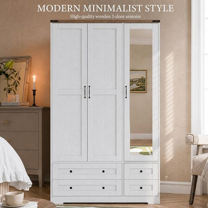 Brafab Armoire Wardrobe Closet with 3 Modern Doors and Mirror, 71" Tall Freestanding Cabinet with 4 Drawers, Hanging Rod, and 4 Shelves, Wooden Storage Organizer for Clothes, Bedroom