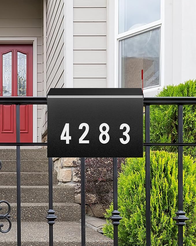 LAND·VOI Modern Wall-Mount Mailbox, Mailboxes for Outside, with One Flag Kit and Three Sets of 0-9 Mailbox Number Stickers, Rust-Proof Metal Post Box, 4.33" Dx14.2 Wx10.43 H, Textured Black, AMB03B01