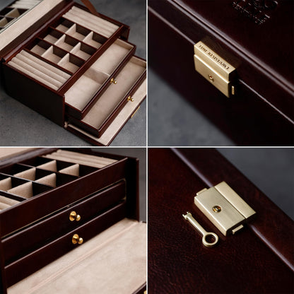 Time Resistance Jewelry Box - Full Grain Leather Jewellery Organizer - Accessories Storage - Key Lock Box for Women (Brown)