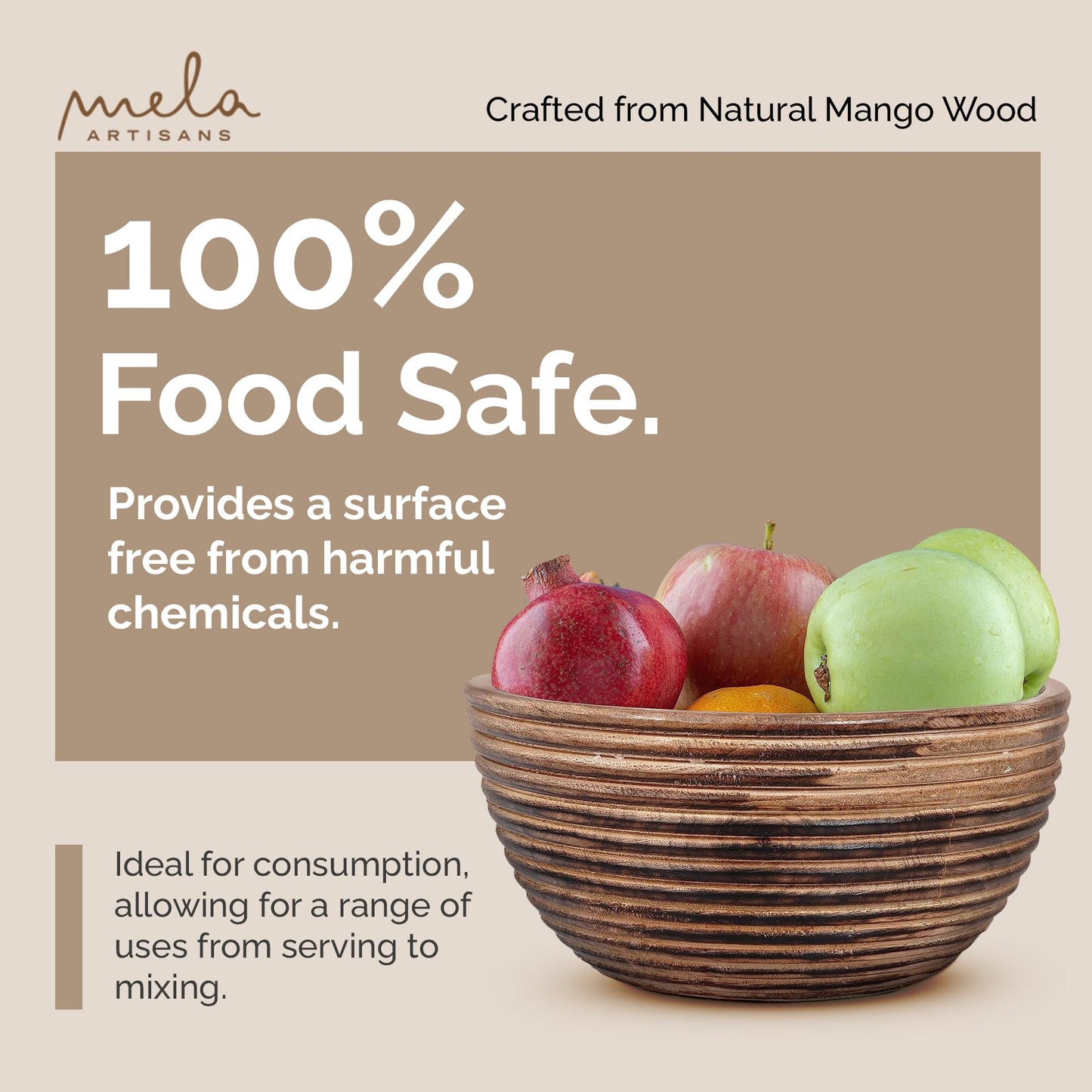 Mela Artisans Wooden Fruit Bowl | Dark Burnt Finish | 9” Decorative Mango Wood Serving Bowl | Multipurpose for Kitchen Countertop | Salad | Snacks | Fruit | Breads & More | Natural Grain Look
