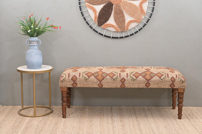 NATURAL FURNISH Acacia Wood Kilim Jute Fabric Upholstered Bench with Geometric Pattern | Wooden Ottoman with Turned KD Legs for Living Room, Bedroom, End of Bed, Hallway & Entryway (Beige and Rust)