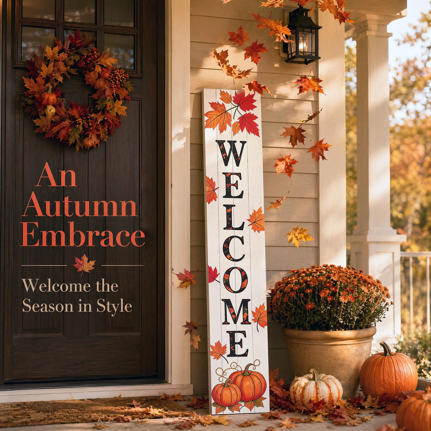 Hentonwell Vertical Wooden Fall Welcome Porch Sign,Rustic Autumn Porch Standing Sign,Decorative Leaning Sign for Front Entrance,Farmhouse Style Outdoor Welcome Decoration-47.2" H.