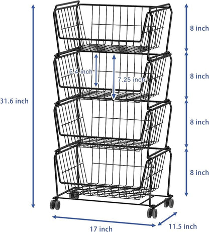 PUSDON 4-Tier Spacious Stackable Wire Storage Baskets with Wheels, Metal Rolling Utility Cart, Produce Basket for Pantry, Bathroom Organizer Shelf, Matte Black