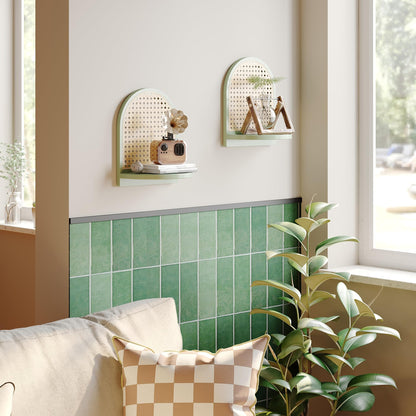 MVPSONAG Rattan Shelf Set of 2, 7'' Rattan Shelf with Wicker Decor, Boho Wall Decor Small Floating Shelf for Plant Figurines Display, Mini Shelves for Knick Knack Storage, Green
