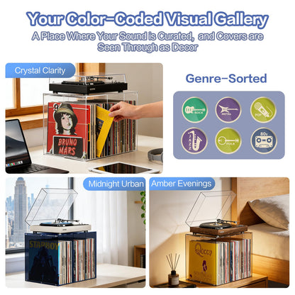 Bikoney Vinyl Record Storage,Stackable Cube Acrylic Vinyl Record Holder,Tabletop Record Player Stand,Vinyl Holder & Album Storage Box Crate Bin, Warm Amber