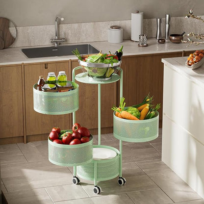 JAQ Kitchen Storage Rack No Assembly, 4-Tier Metal Storage Tower Basket Shelves Organizer on Rolling Wheels with Removal Drawers for Fruit Vegetable Grocery Corns Potato Onion (4-Tier, Green)