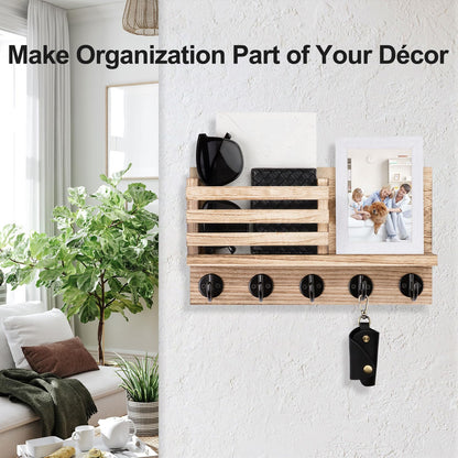 Lwenki Key Holder for Wall – Decorative Wooden Mail Holder and Key Shelf with Mounting Hardware, Installation Guide – Paulownia Wood with Metal Key Hooks (Wood, Large - 11.8inch)