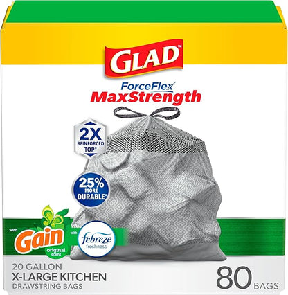 Glad ForceFlex MaxStrength Drawstring XL Kitchen Trash Bags, 20 Gal, 80 Ct
