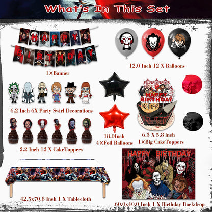 Mtgluk Horror Birthday Party Decorations Kit – 38 Pcs Halloween Themed Supplies with Banner, Backdrop, Tablecloth, Balloons & Cake Toppers for Spooky Celebrations