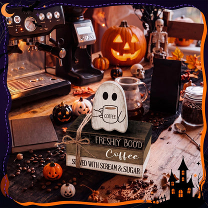 Anglechic 4 Pcs Halloween Table Decorations Halloween Ghost Tiered Tray Decorations Rustic Mini Ghost Coffee Wooden Books Centerpiece Signs for Farmhouse Office Shelf Tabletop Office Bookshelf
