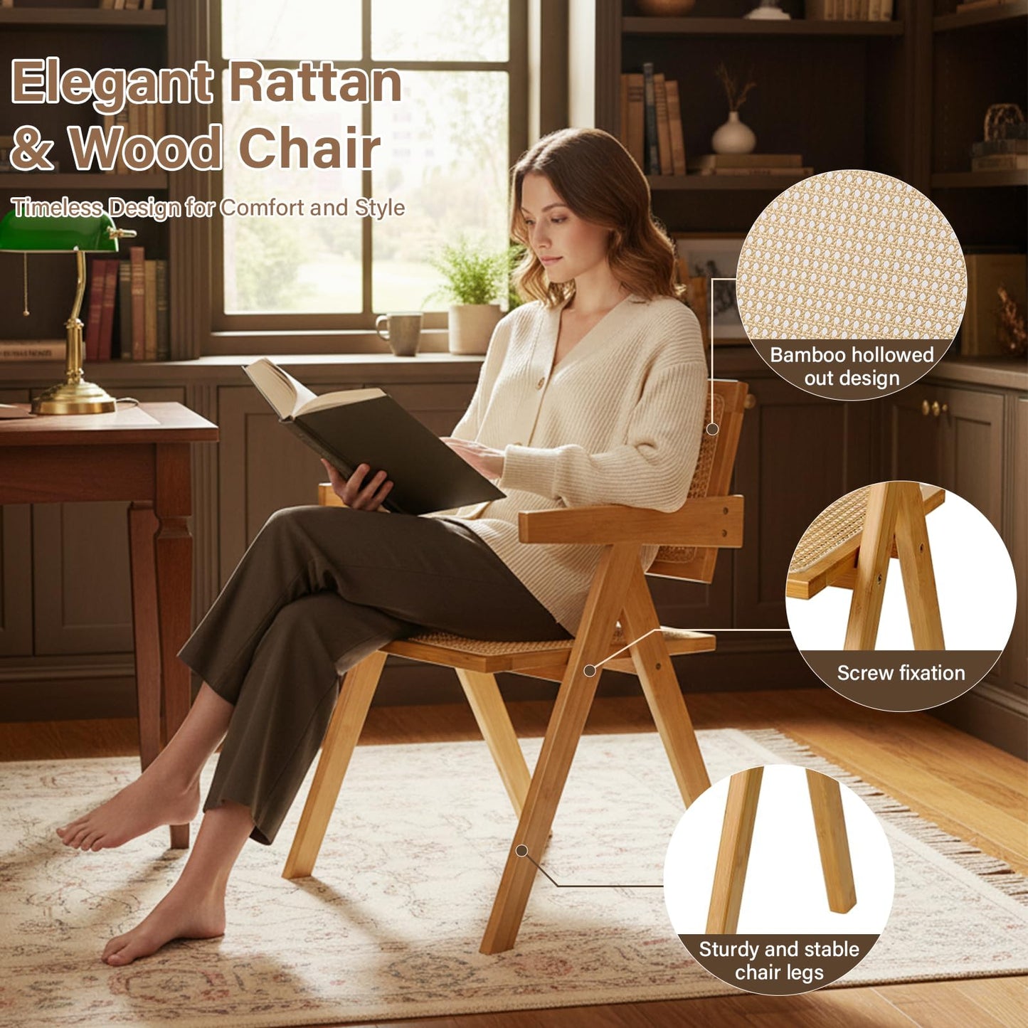 Furlide Rattan Dining Chairs Set of 2, Modern Mid Century Accent Chairs, Comfy Armchairs, Outdoor Rattan Chairs with Armrest for Bedroom Living Room Reading Room Dining Kitchen
