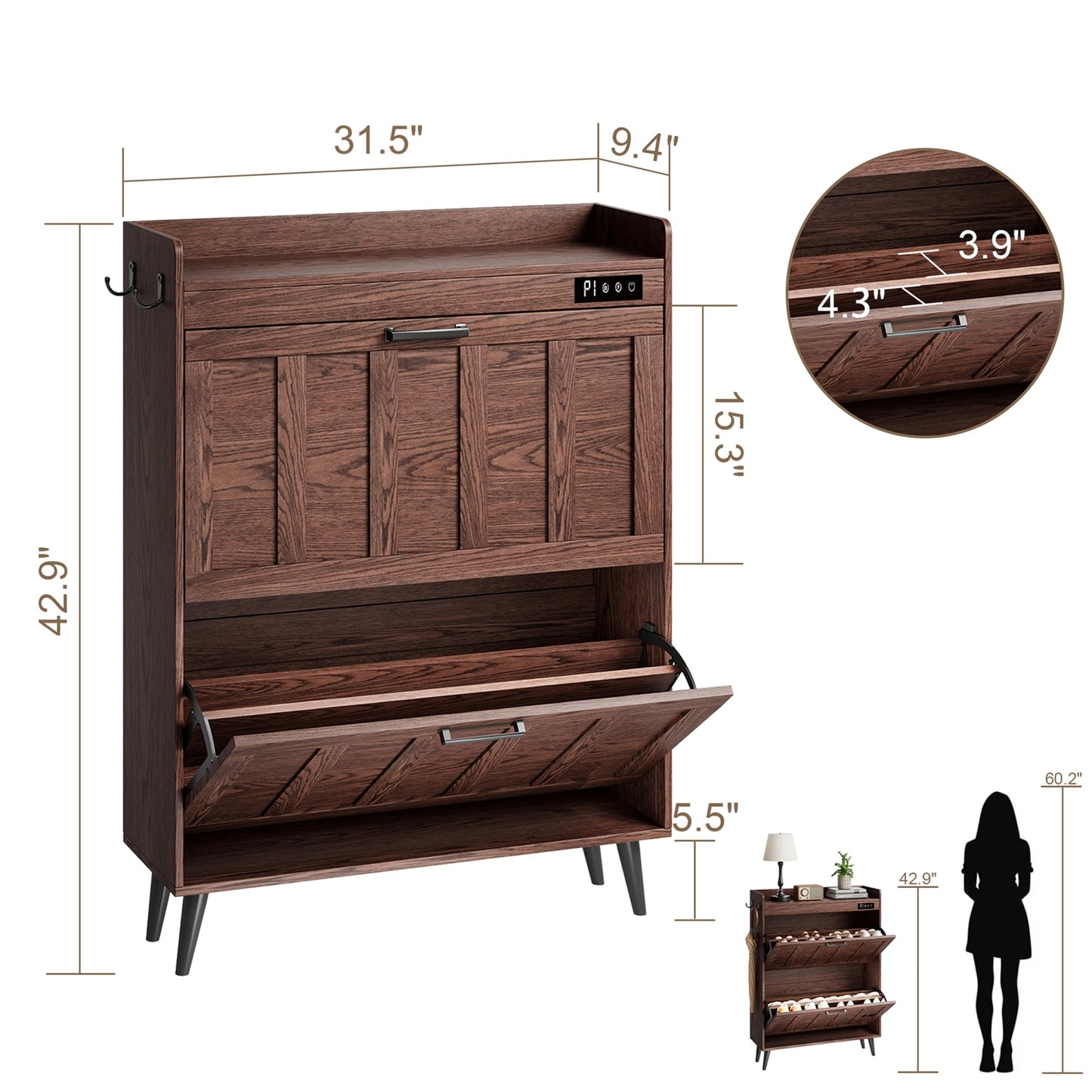 ChooChoo Shoe Storage Cabinet with 2 Flip Drawers, Deodorizing Shoe Organizer Storage for Entryway, Freestanding Hidden Slim Narrow Shoe Rack Cabinet, Walnut