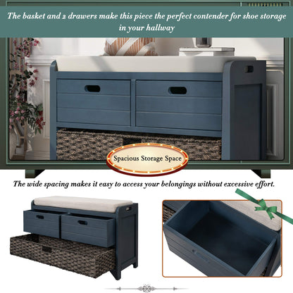 Brisca Wood Storage Bench with 1 Removable Basket and 2 Drawers,Fully Assembled Shoe Stool,W/Removable Cushion,for Hallway,Entryway,Bedroom,Living Room,Navy