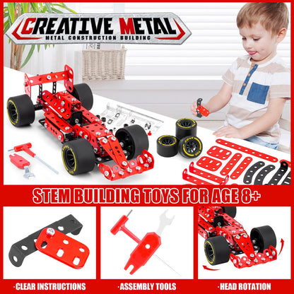 Building Car Metal Model Kits,STEM Building Toys Model Car Kits for Boys 8-12,Erector Sets 1:20 Scale Red Racing Car Metal Building Blocks for Kids Boys 8 9 10 11 12-16 Years Old