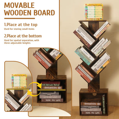 7 Tier Tree Book shelf, Small Bookcase with Reading Planner and Activity Panel, Modern Floor Standing Corner Tall Narrow Storage Cabinet Bookshelves for Home Office Bedroom Living Room (Rustic Brown)
